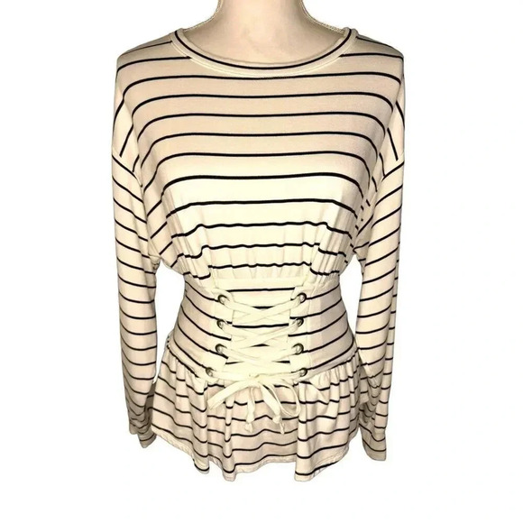 Express One Eleven Women’s Small Black & White‎ Stripe Lace Up Corset Sweatshirt - Picture 1 of 7